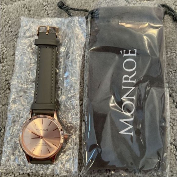 Monroe SOLÉROSE Watch Rose Gold CHARCOAL LEATHER Strap Unisex NWT - Picture 5 of 5